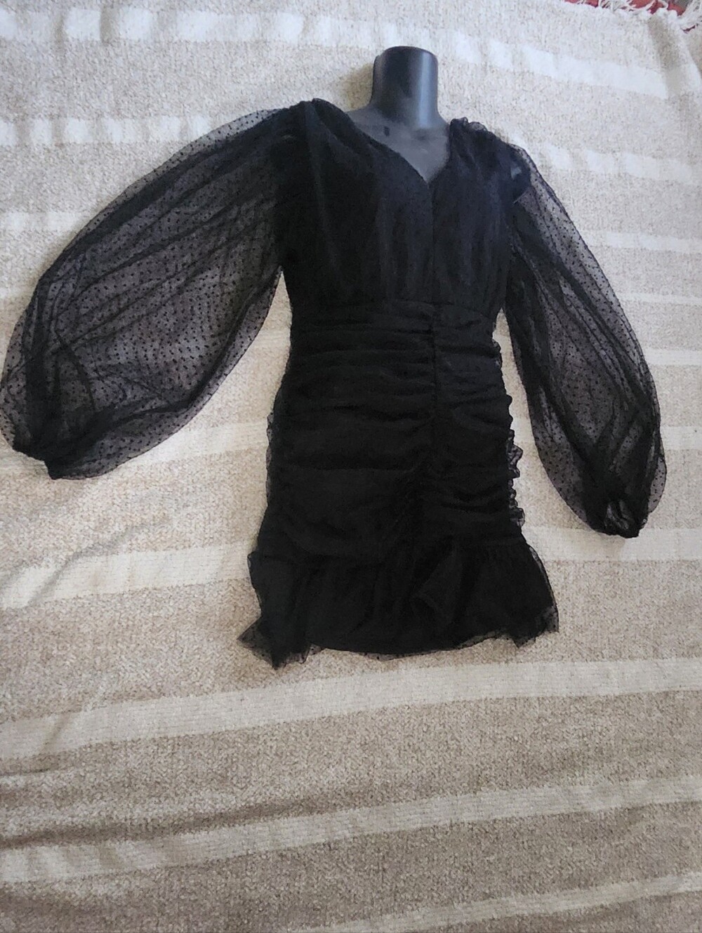 Forever 21 Black Sheer Dot Puff Sleeve Ruched Mini Dress